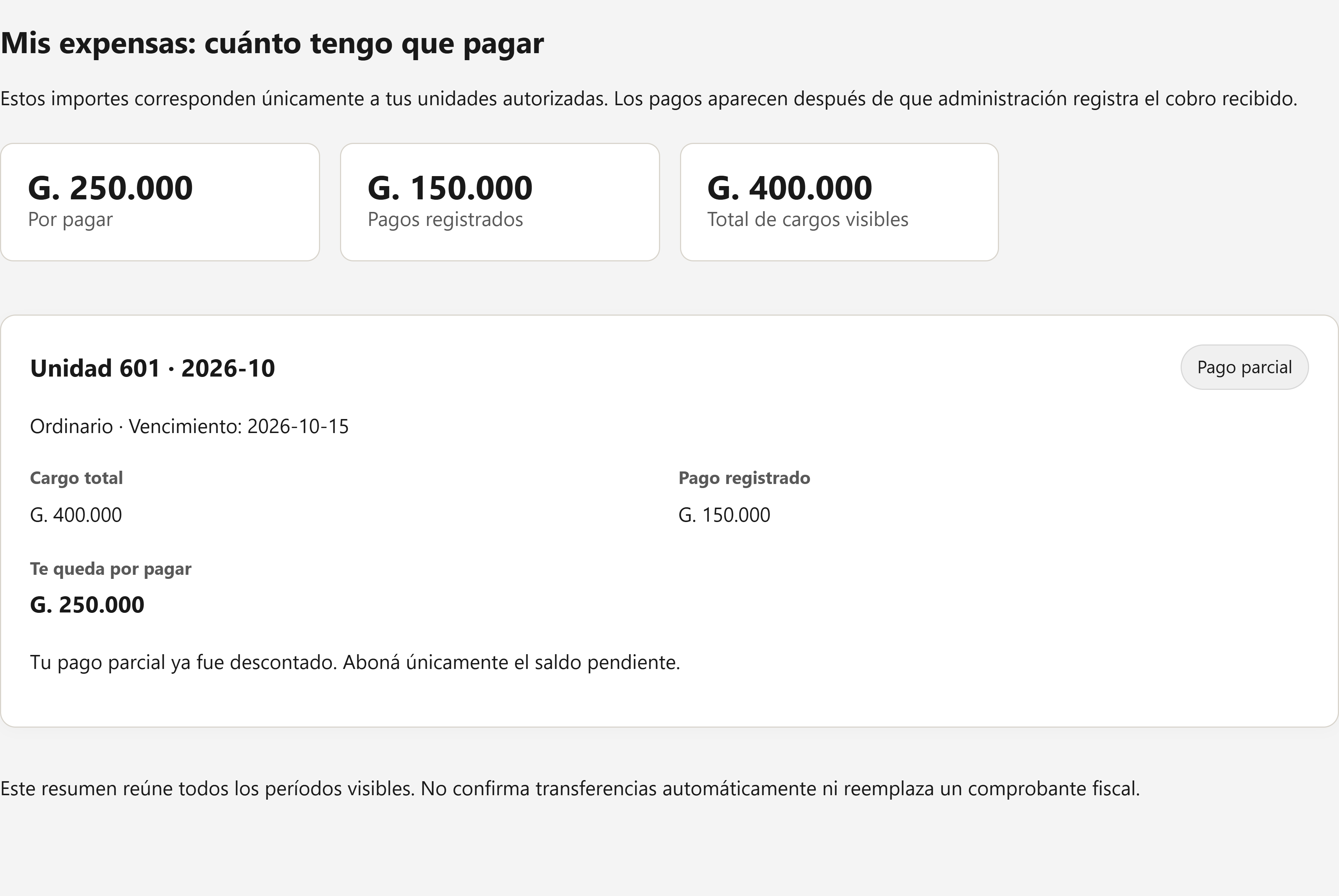 El pago parcial reduce lo que falta abonar. · datos de demostración