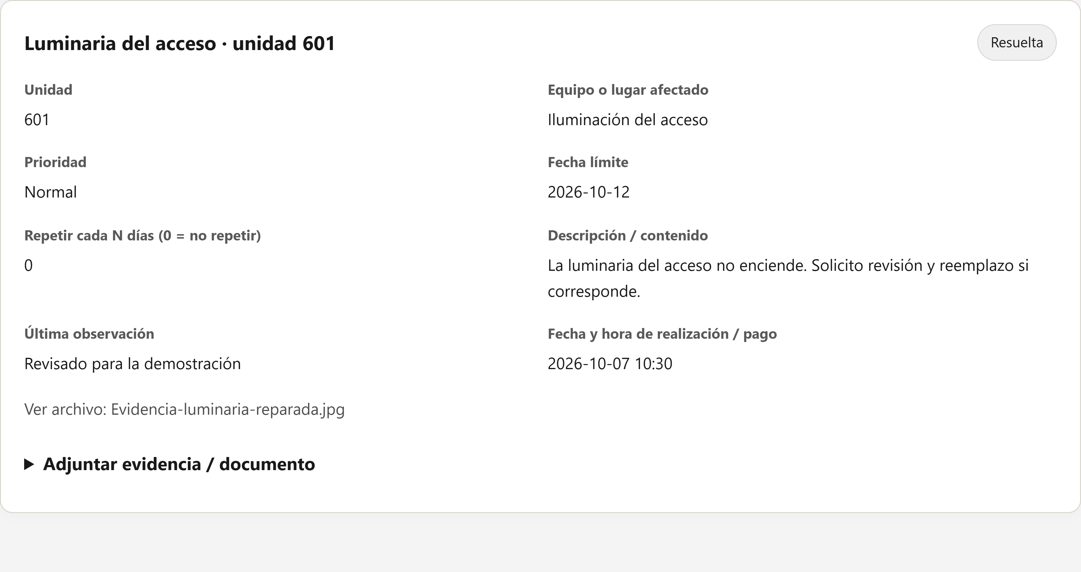 Captura real: La reparación se cierra con evidencia.