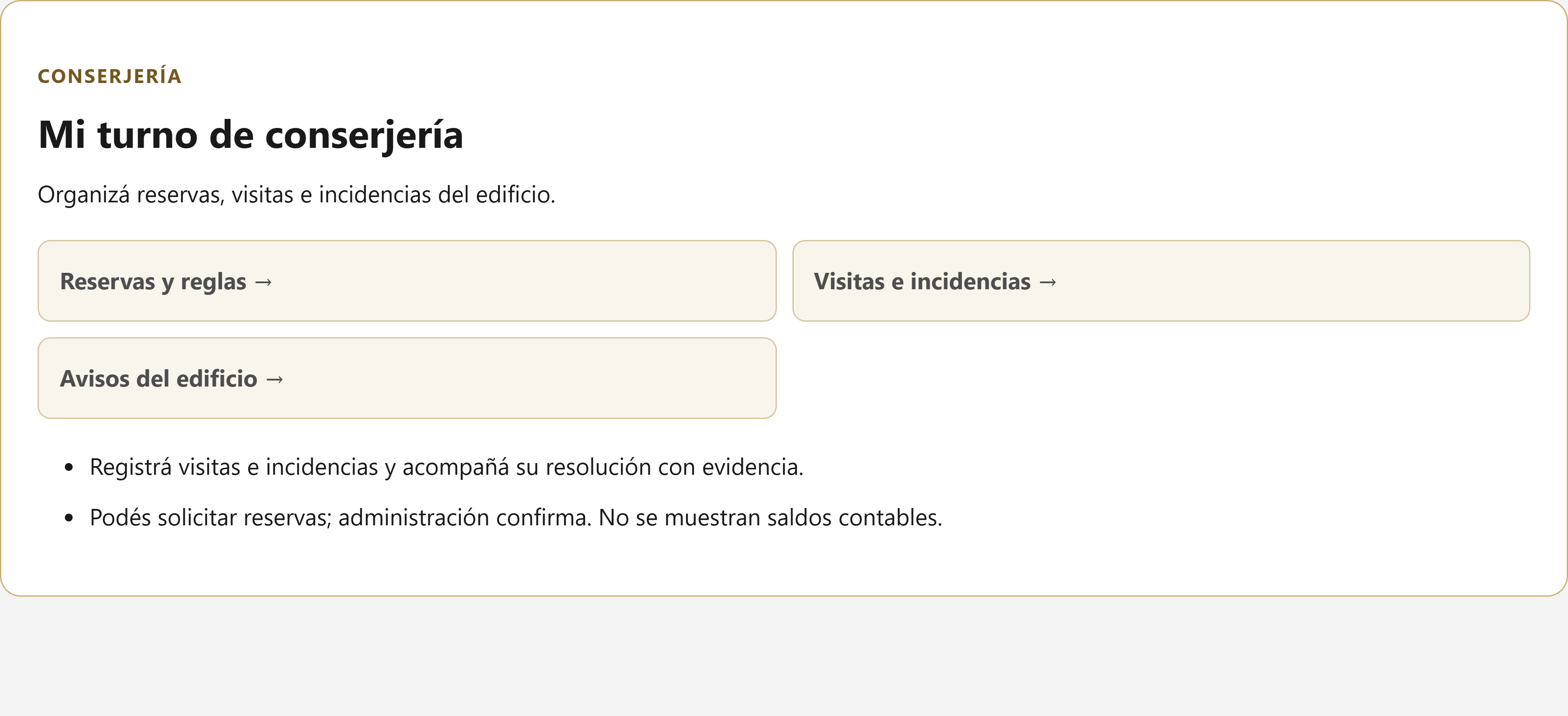 Captura real de la vista de Conserjería en el módulo de edificios con datos de demostración