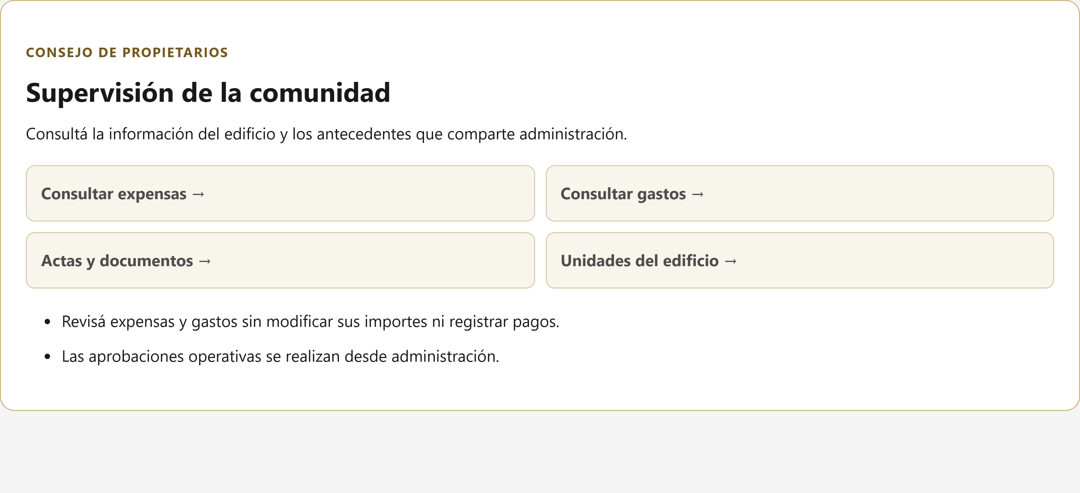 Captura real de la vista de Consejo de propietarios en el módulo de edificios con datos de demostración